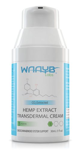A pump bottle of Waayb Organics 300 mg hemp extract transdermal cream.
